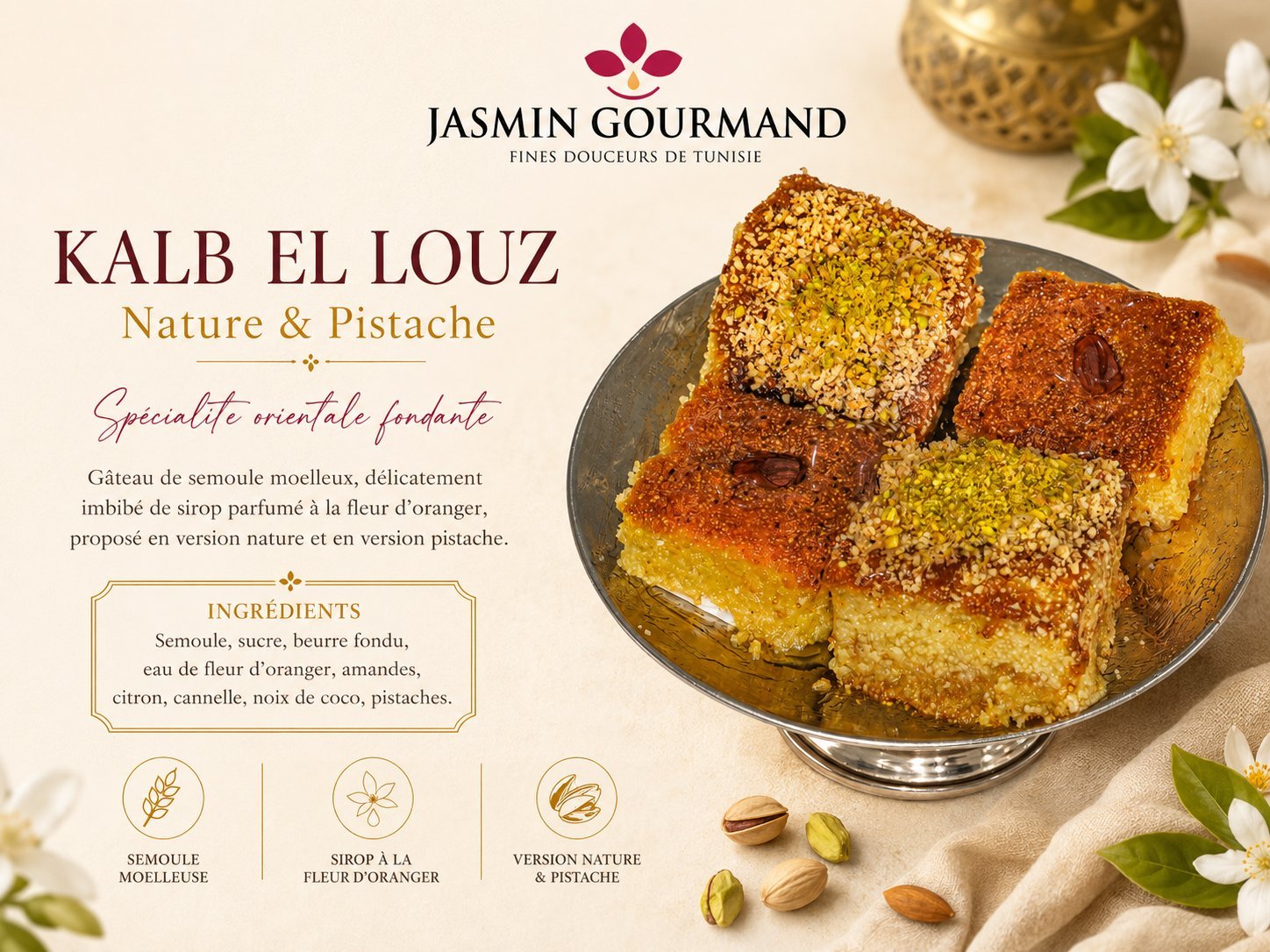 Kalb el Louz gateau tunisien — Patisserie orientale Jasmin Gourmand Bordeaux